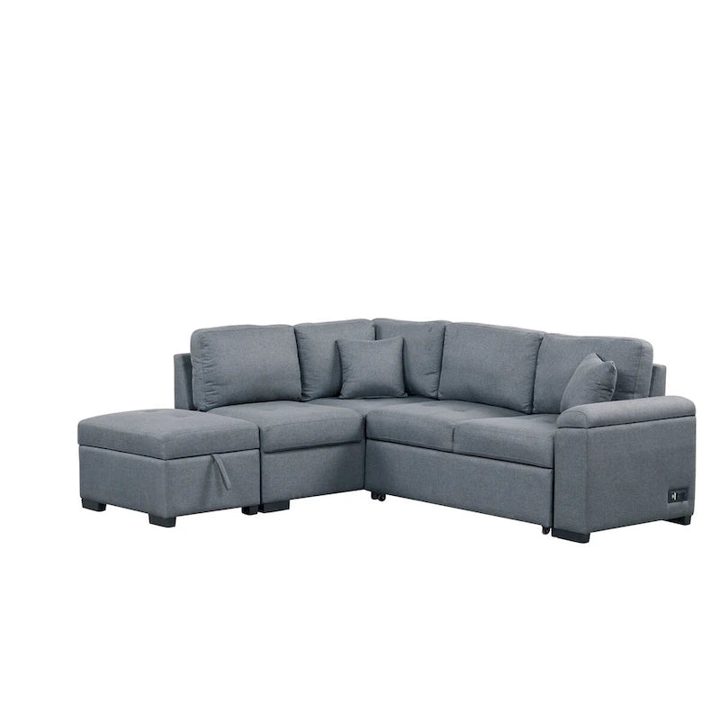 Canapé Sectionnel Convertible en Velours en Forme de L de 87,4 po, Canapé-Lit 5 Places avec 2 ports USB, Pouf de Rangement et Accoudoir de Rangement Caché