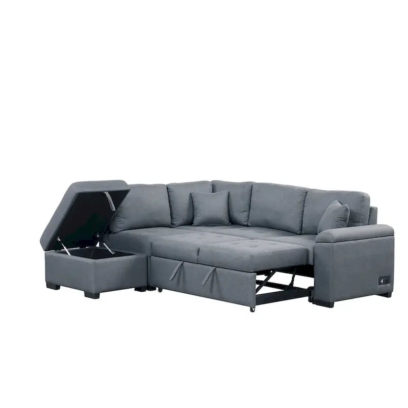 Canapé Sectionnel Convertible en Velours en Forme de L de 87,4 po, Canapé-Lit 5 Places avec 2 ports USB, Pouf de Rangement et Accoudoir de Rangement Caché