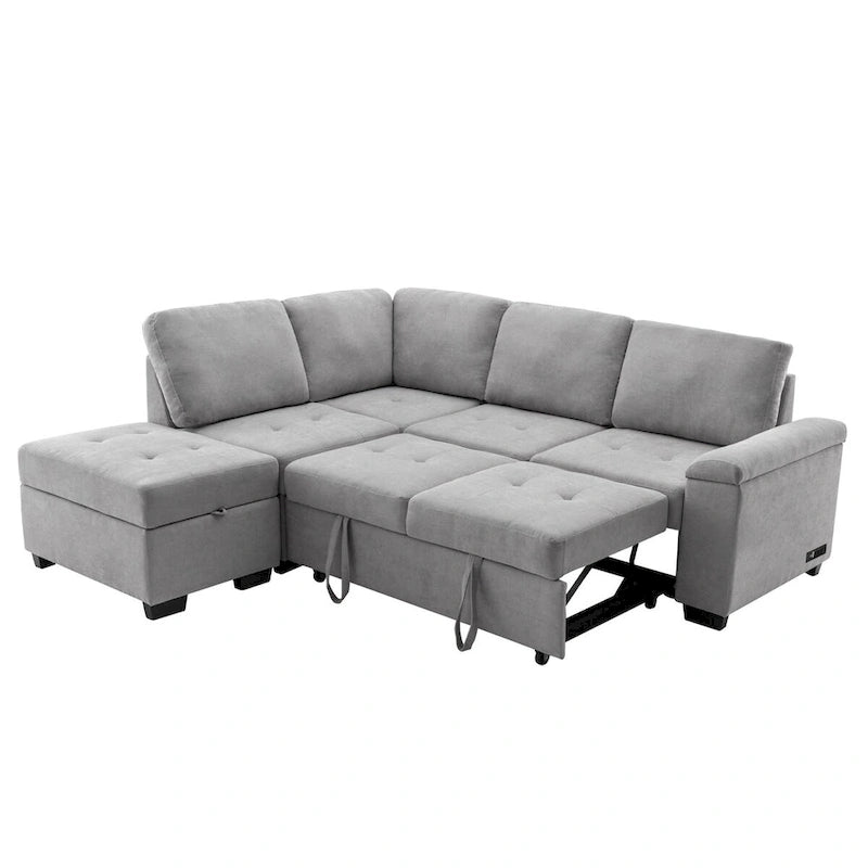 Canapé Sectionnel Convertible en Velours en Forme de L de 87,4 po, Canapé-Lit 5 Places avec 2 ports USB, Pouf de Rangement et Accoudoir de Rangement Caché