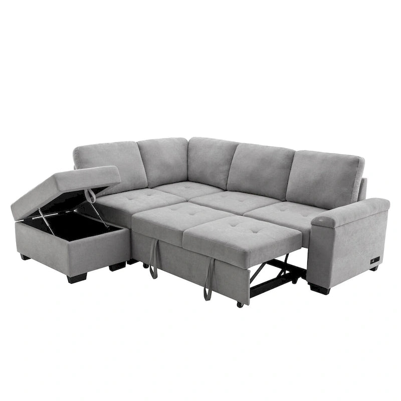 Canapé Sectionnel Convertible en Velours en Forme de L de 87,4 po, Canapé-Lit 5 Places avec 2 ports USB, Pouf de Rangement et Accoudoir de Rangement Caché