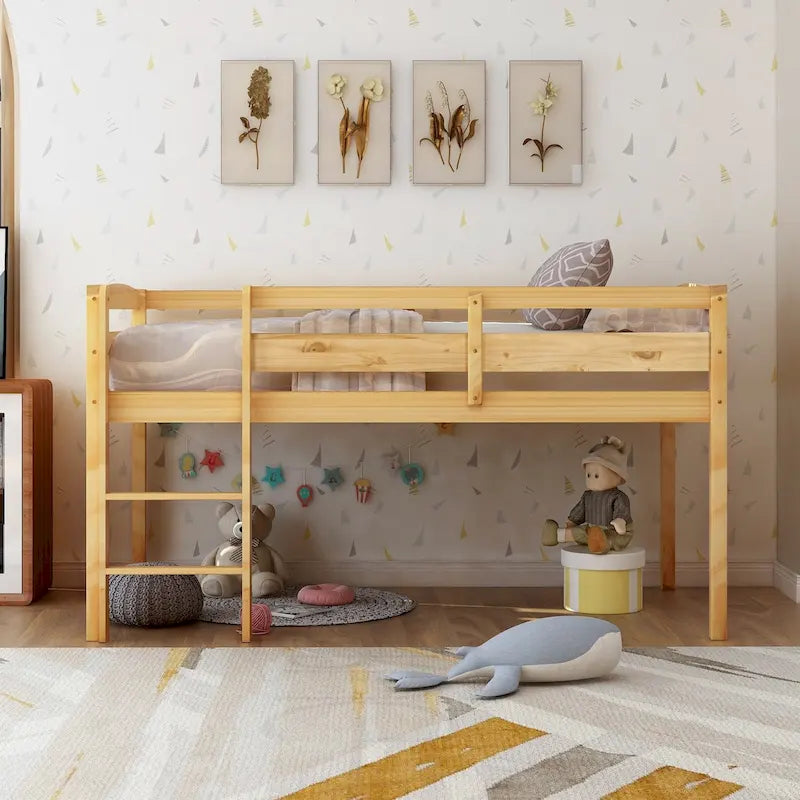 Lit mezzanine bas en bois jumeau avec échelle