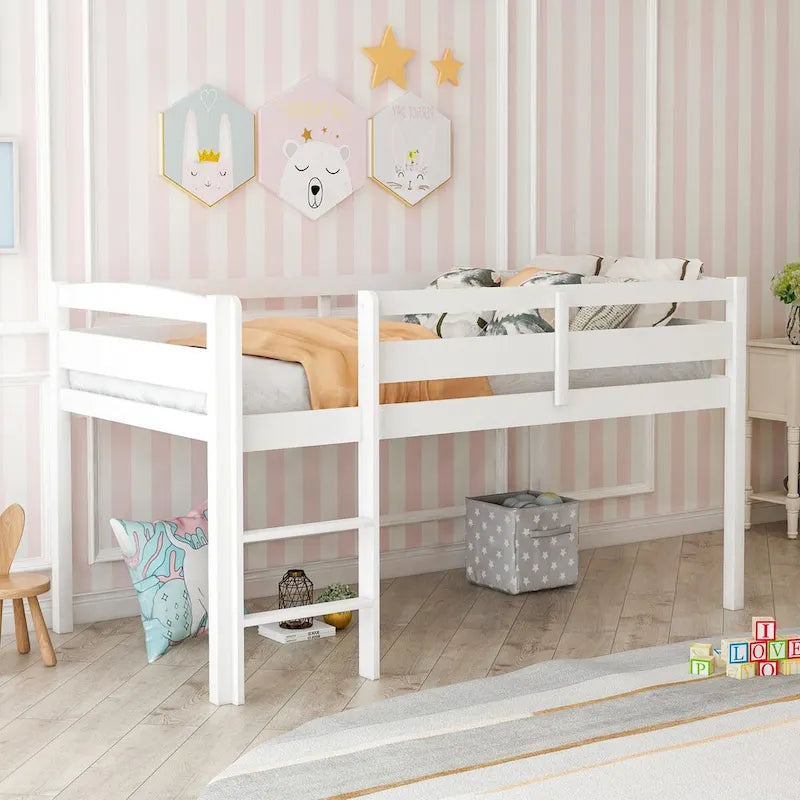 Lit mezzanine bas en bois jumeau avec échelle