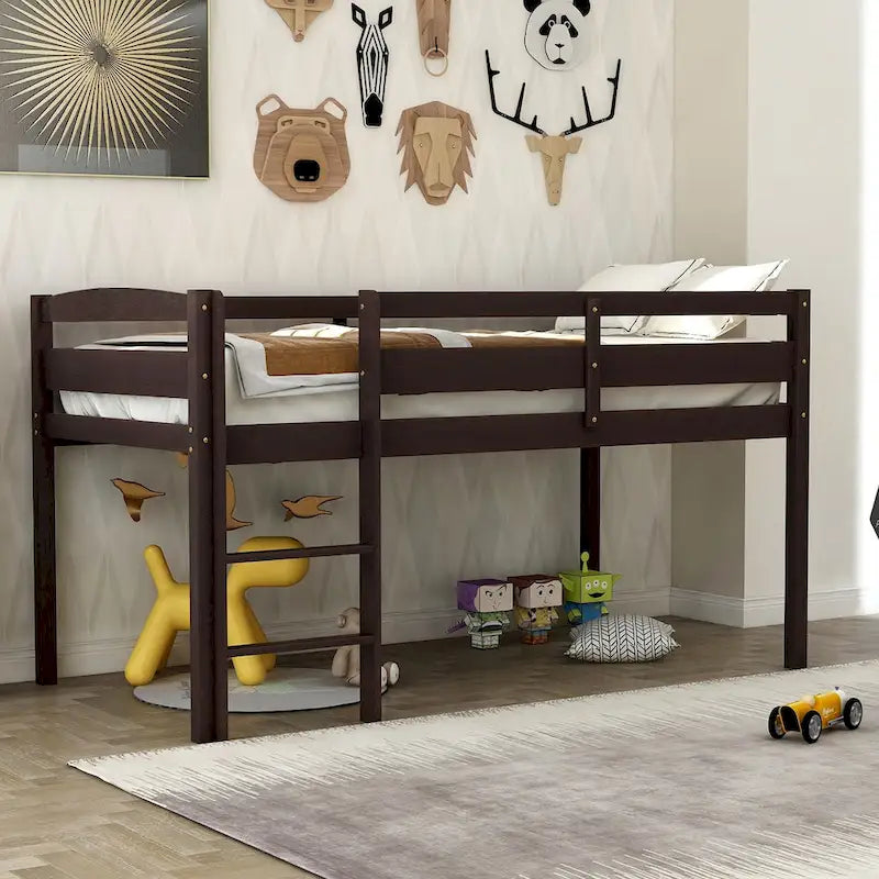 Lit mezzanine bas en bois jumeau avec échelle