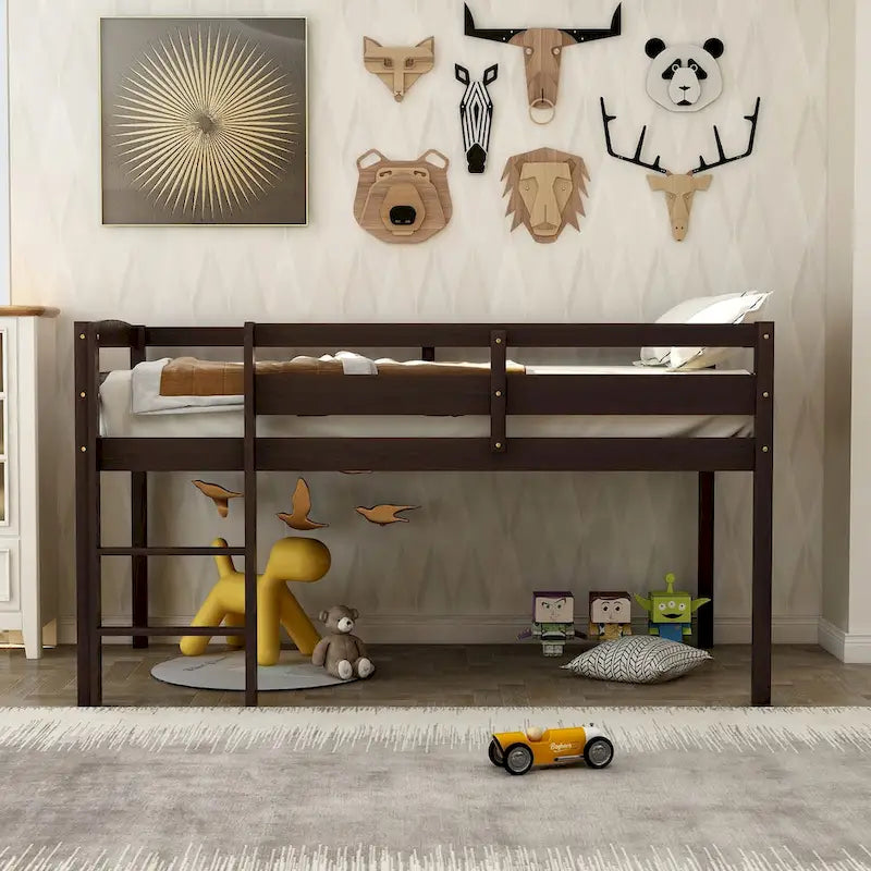 Lit mezzanine bas en bois jumeau avec échelle