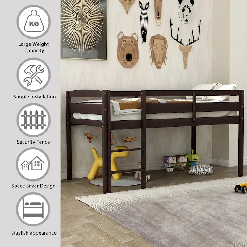 Lit mezzanine bas en bois jumeau avec échelle