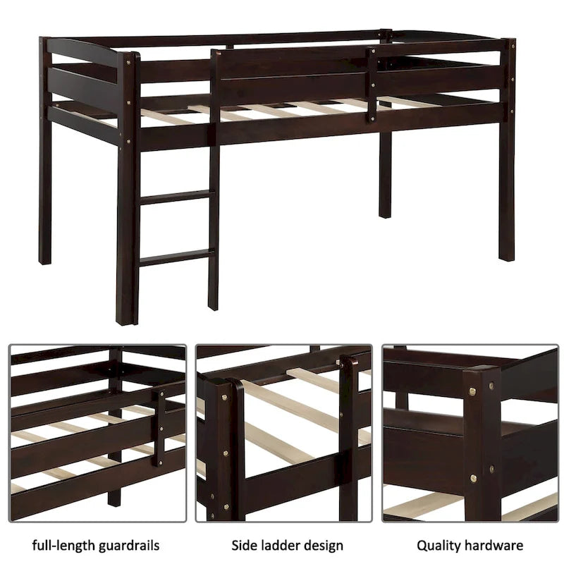 Lit mezzanine bas en bois jumeau avec échelle