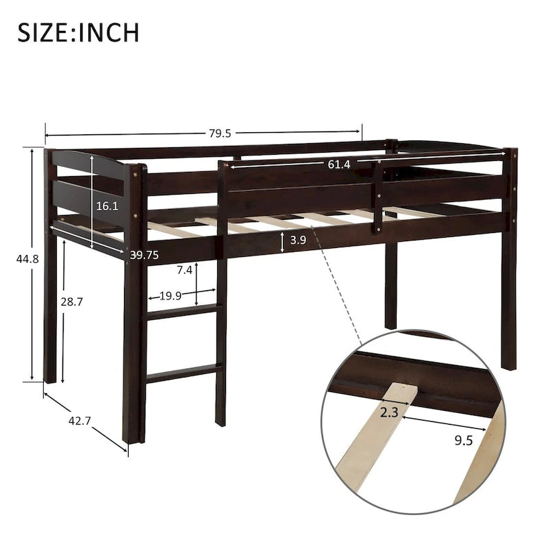 Lit mezzanine bas en bois jumeau avec échelle
