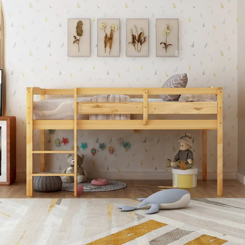 Lit mezzanine bas en bois jumeau avec échelle
