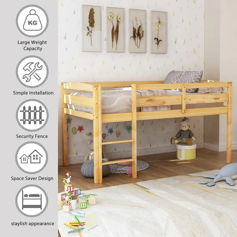 Lit mezzanine bas en bois jumeau avec échelle