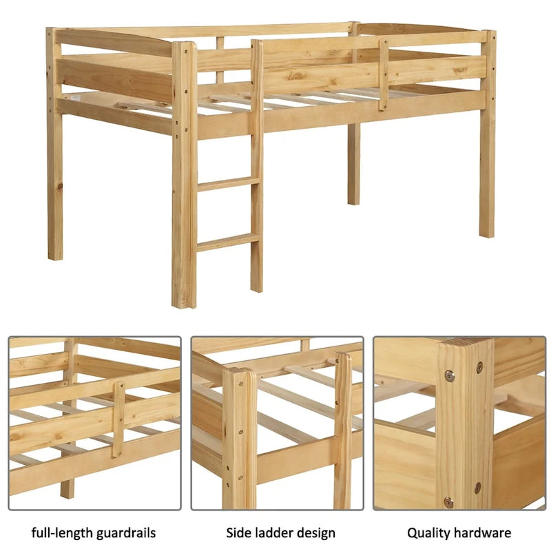 Lit mezzanine bas en bois jumeau avec échelle