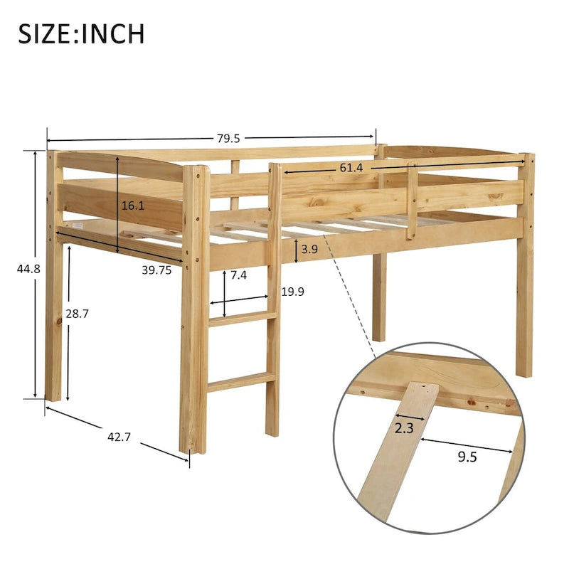 Lit mezzanine bas en bois jumeau avec échelle