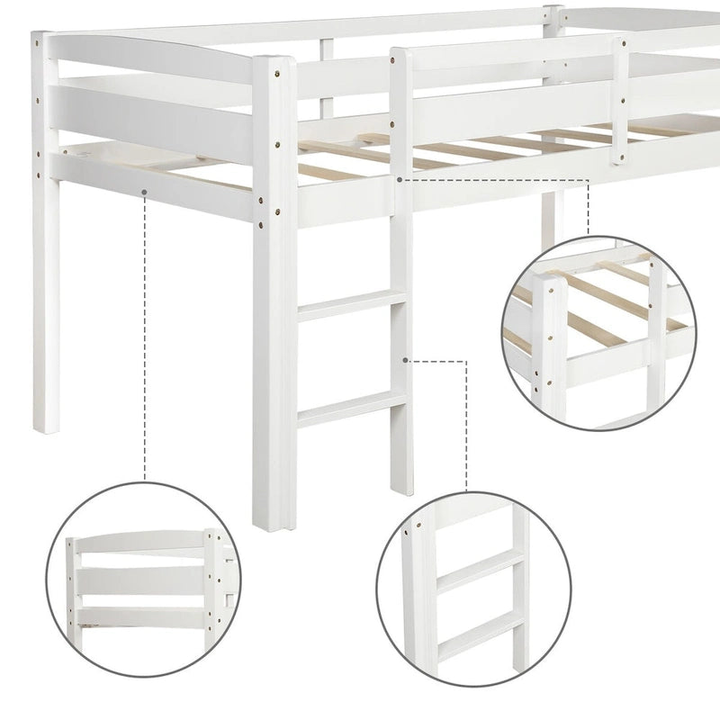Lit mezzanine bas en bois jumeau avec échelle