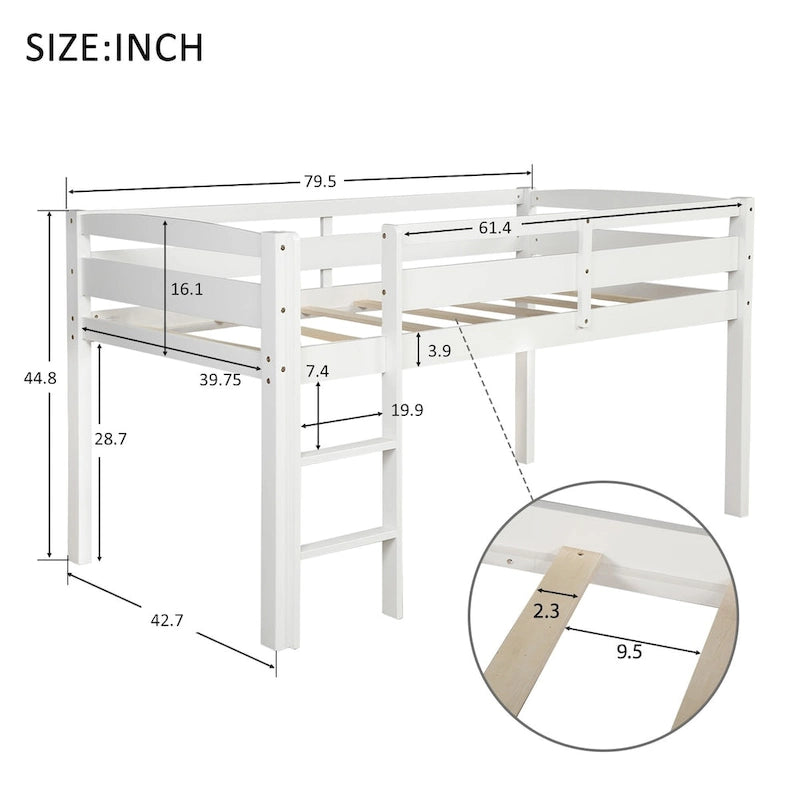 Lit mezzanine bas en bois jumeau avec échelle