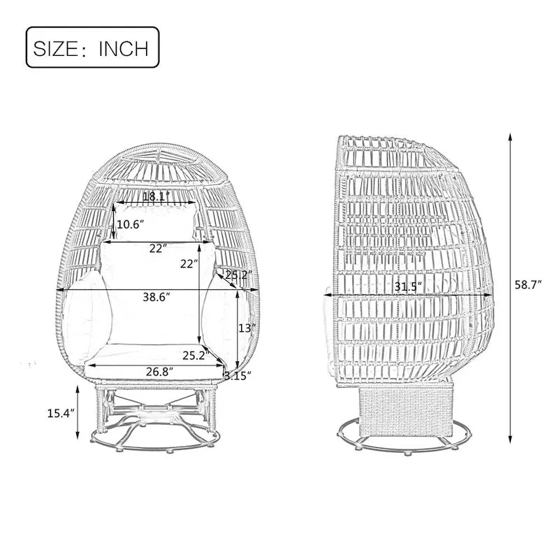 Fauteuil œuf pivotant en rotin avec fonction de bascule et coussins