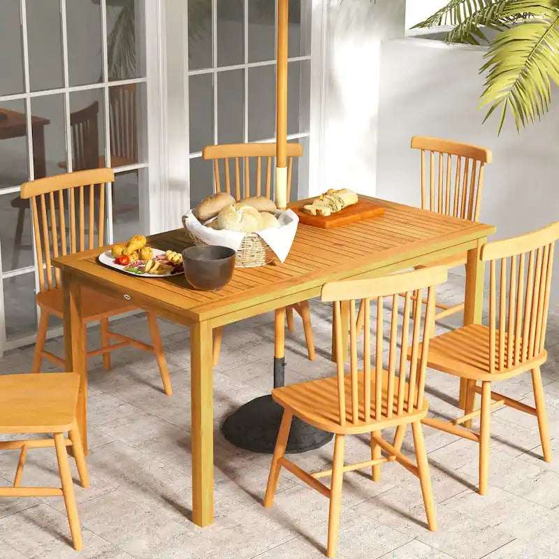 Table de repas d'extérieur en bois d'acacia pour 6 personnes avec trou pour parasol