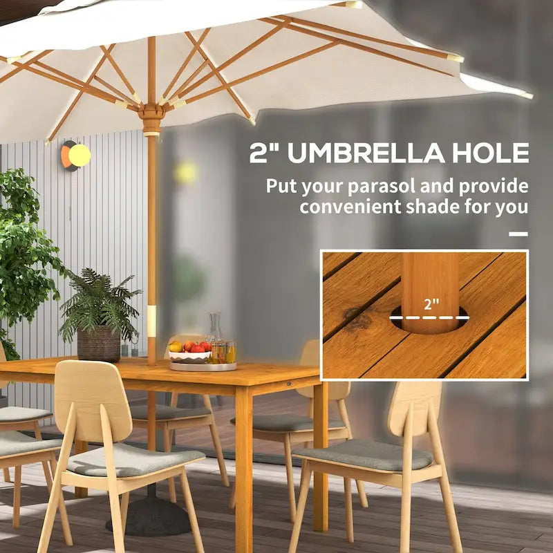 Table de repas d'extérieur en bois d'acacia pour 6 personnes avec trou pour parasol