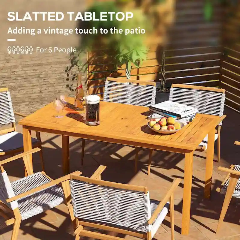 Table de repas d'extérieur en bois d'acacia pour 6 personnes avec trou pour parasol