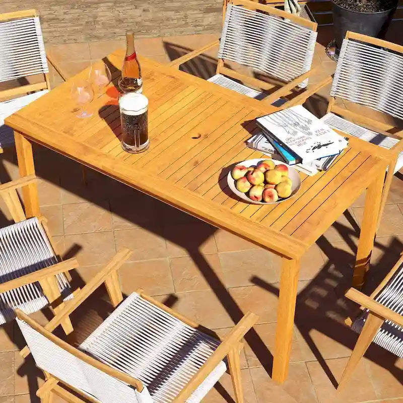 Table de repas d'extérieur en bois d'acacia pour 6 personnes avec trou pour parasol