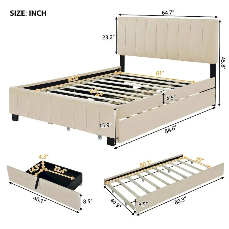 Lit plateforme tapissé en velours Queen Size
