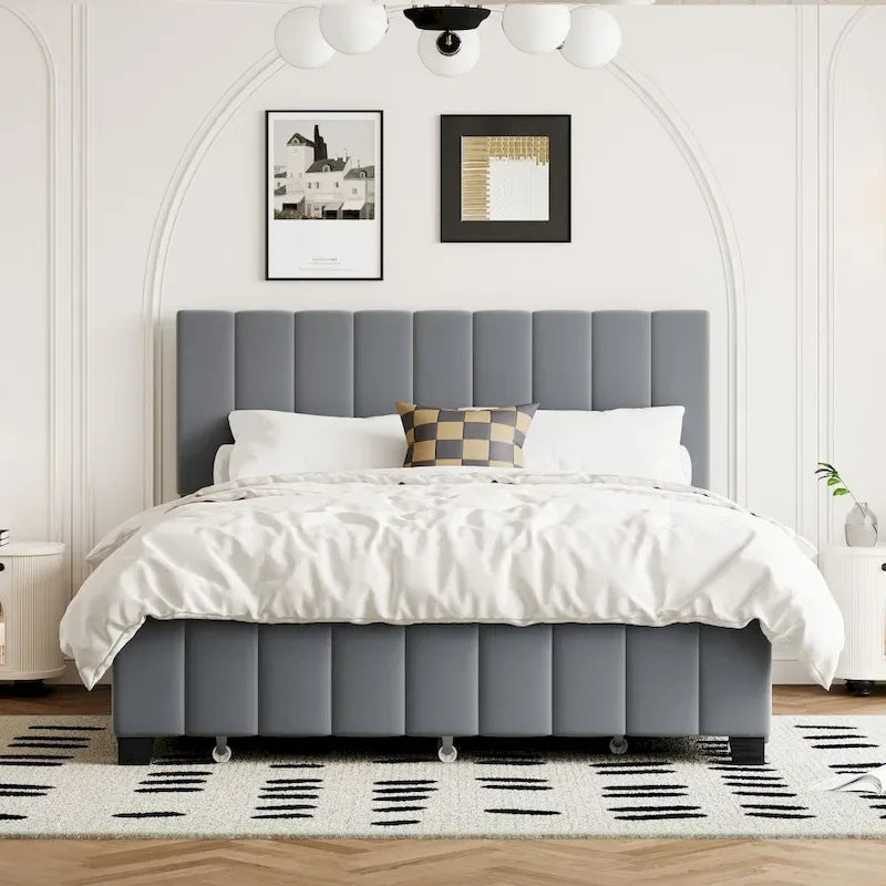 Lit plateforme tapissé en velours Queen Size