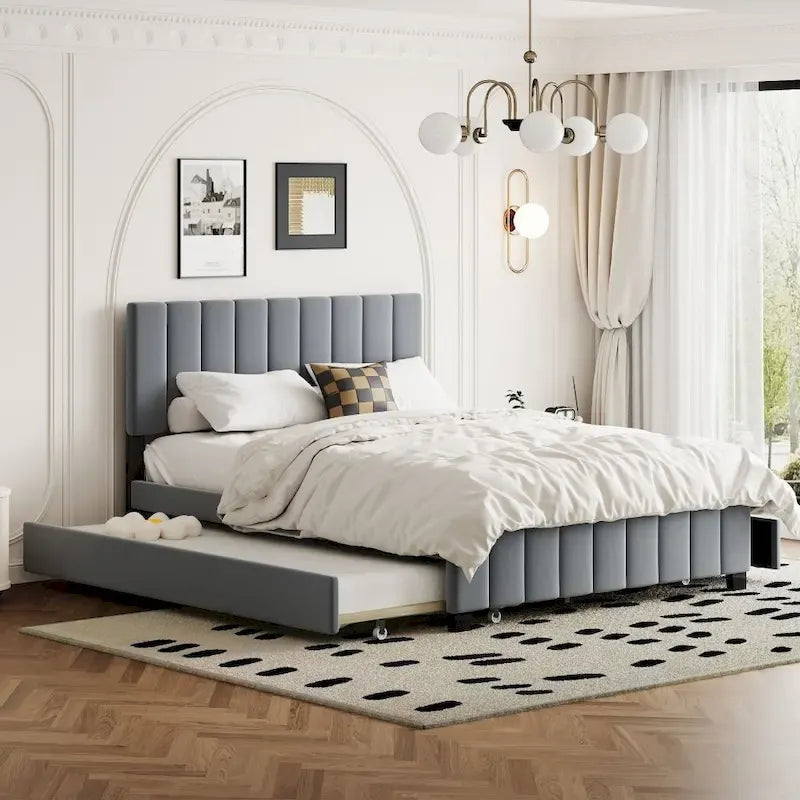Lit plateforme tapissé en velours Queen Size