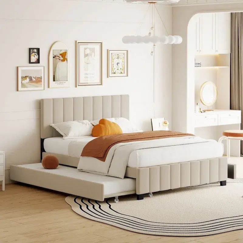 Lit plateforme tapissé en velours Queen Size