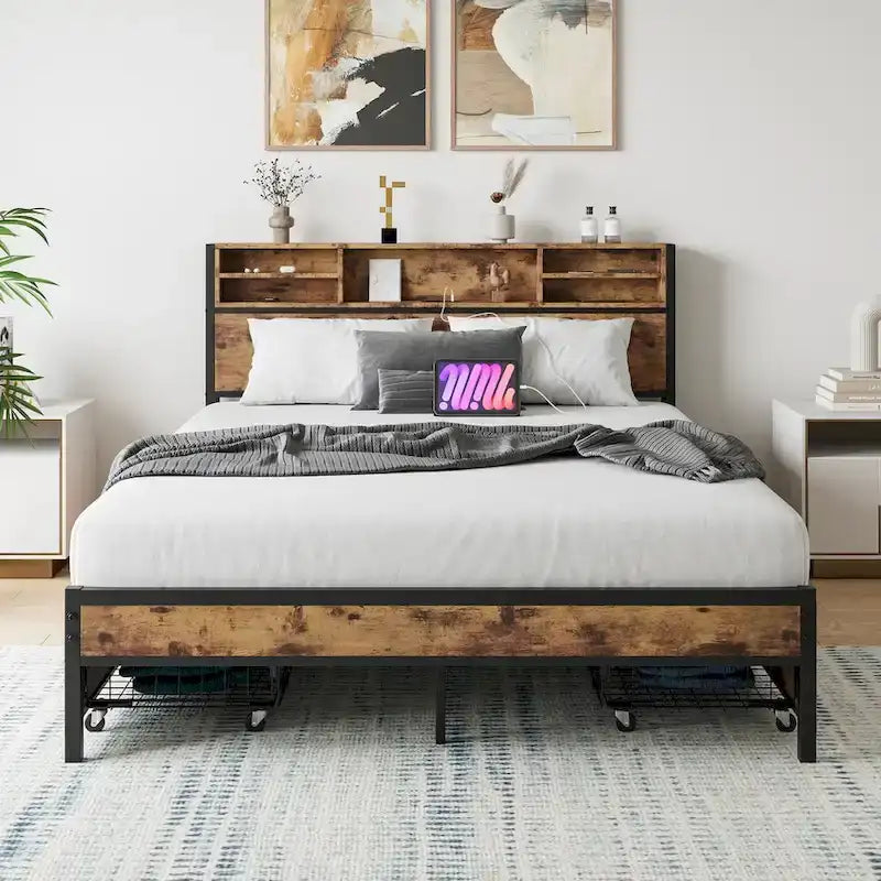 Queen Bed Frame with Storage Headboard and 4 Drawers, Metal Platform Bed with Charging Station