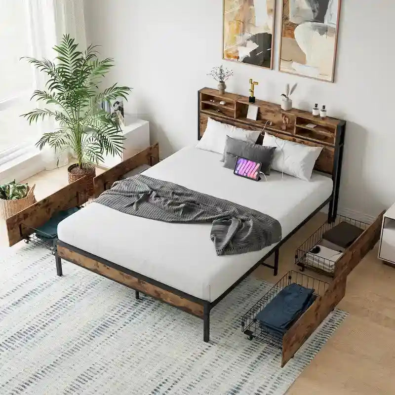 Cadre de lit Queen avec tête de lit de rangement et 4 tiroirs, plateforme de lit en métal avec station de recharge