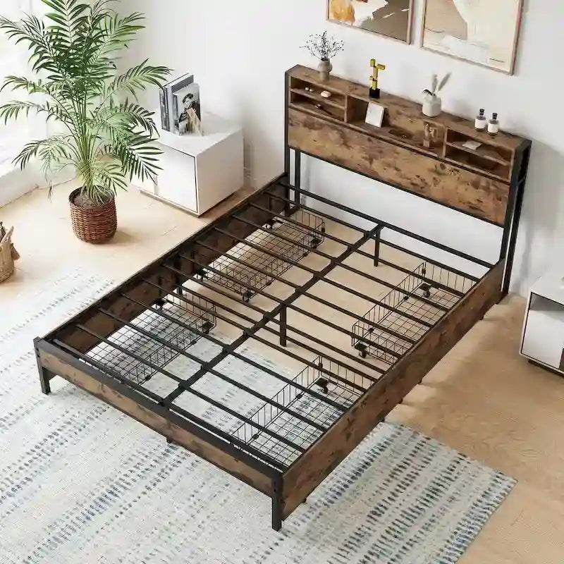 Cadre de lit Queen avec tête de lit de rangement et 4 tiroirs, plateforme de lit en métal avec station de recharge