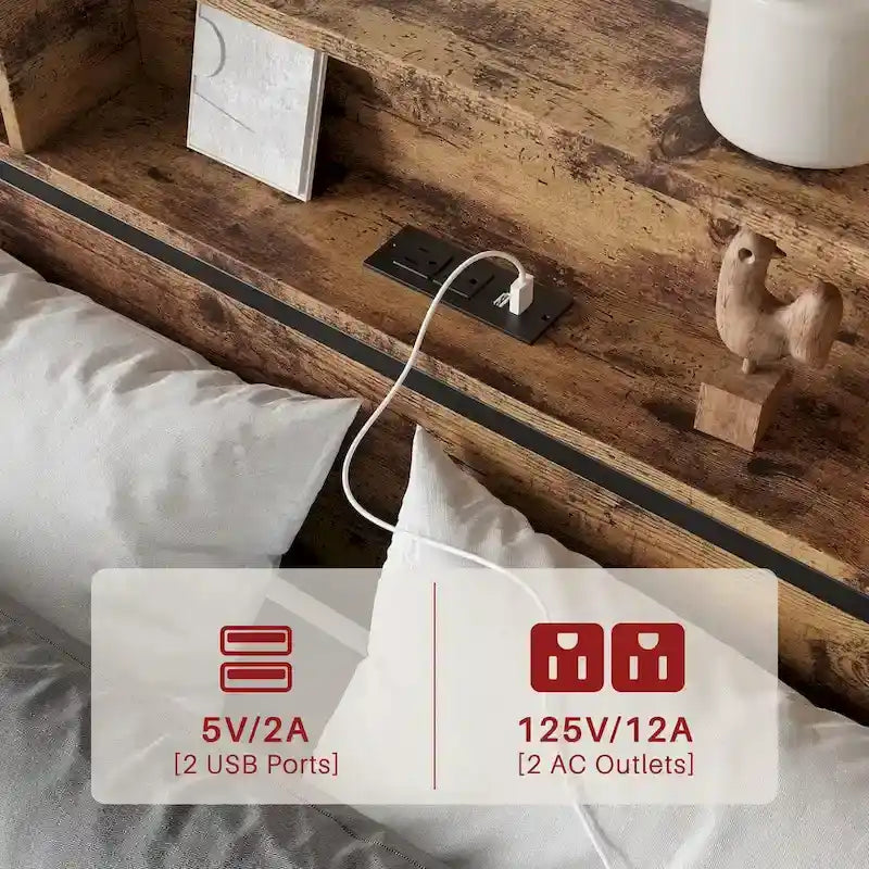 Cadre de lit Queen avec tête de lit de rangement et 4 tiroirs, plateforme de lit en métal avec station de recharge